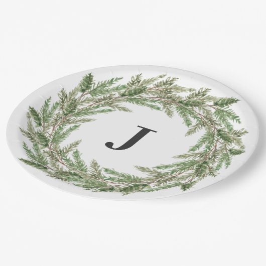 Rustic Greenery Pine Wreath Monogram Holiday Papieren Bordje (Gekanteld)