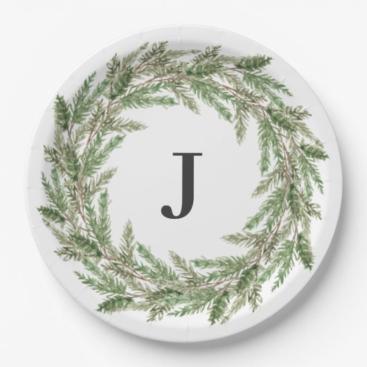 Rustic Greenery Pine Wreath Monogram Holiday Papieren Bordje (Voorkant)