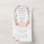 Rustic Greenery Pink Roses White Pumpkin Wedding All In One Uitnodiging (Binnen)