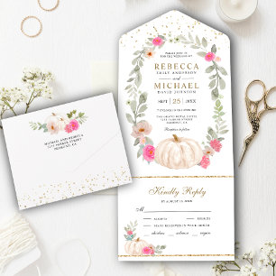 Rustic Greenery Pink Roses White Pumpkin Wedding All In One Uitnodiging