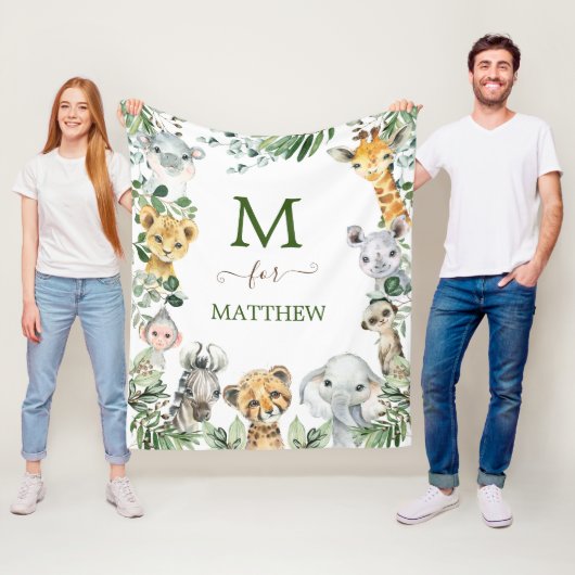 Rustic Greenery Safari Wild Animals Baby Boy Fleece Deken (In situ)