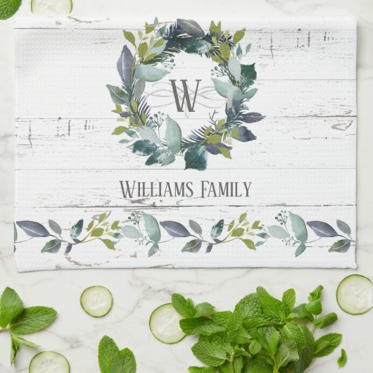 Rustic Greenery Waterverf Laurel Wreath Monogram Theedoek (Gevouwen)