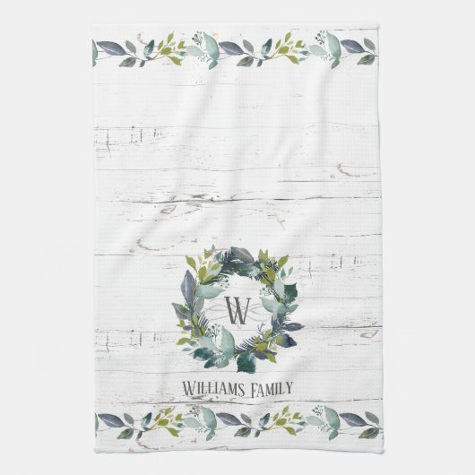 Rustic Greenery Waterverf Laurel Wreath Monogram Theedoek (Verticaal)