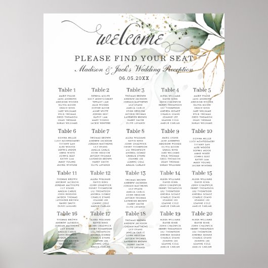 Rustic Greenery Weddingn Gold Leaves Seating Chart Poster (Voorkant)