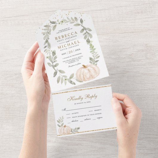 Rustic Greenery White Pumpkin Fall Wedding All In One Uitnodiging (Afscheurbaar)