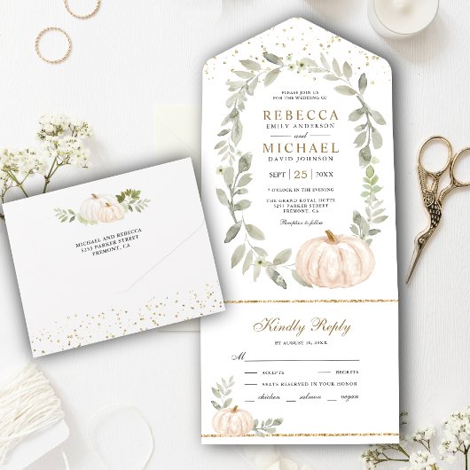 Rustic Greenery White Pumpkin Fall Wedding All In One Uitnodiging