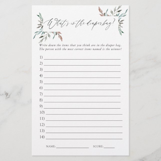 Rustic Greenery Winter Baby shower Diaper Bag Game (Voorkant)