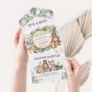 Rustic Greenery Woodland Animals Boy Baby shower All In One Uitnodiging