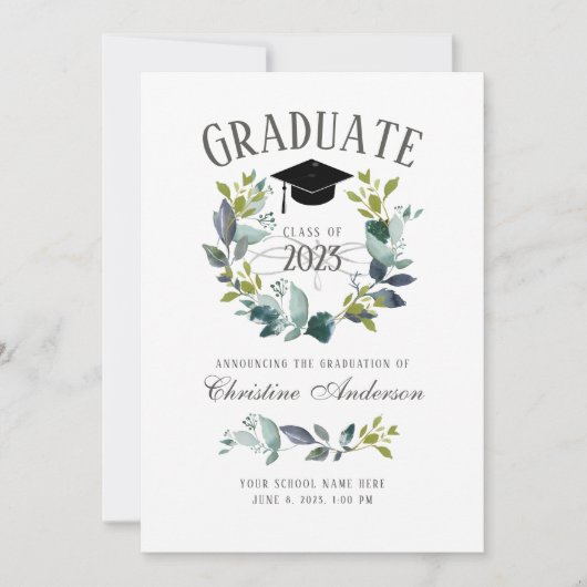 Rustic Greenery Wreath Black Afstudeerder Pet Afst Aankondiging (Voorkant)