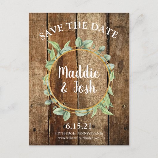 Rustic Greenery Wreath & Gold Save the Date Briefkaart (Voorkant)