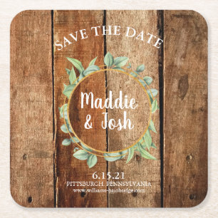 Rustic Greenery Wreath op Barn Wood Save the Date Vierkante Kartonnen Onderzetter