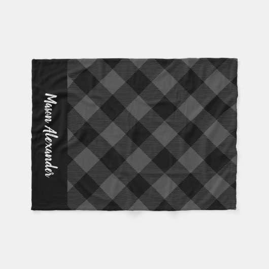 Rustic Grey and Black Buffalo Check Monogram Fleece Deken (Voorkant (Horizontaal))