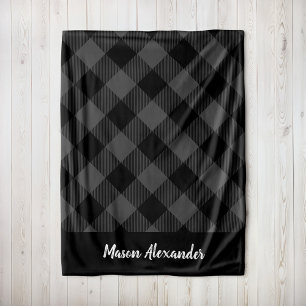 Rustic Grey and Black Buffalo Check Monogram Fleece Deken