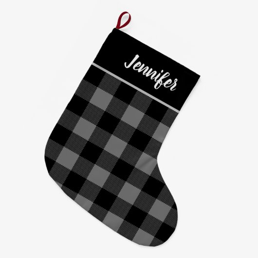 Rustic Grey and Black Buffalo Check Monogram Grote Kerstsok (Voorkant (Hangend))