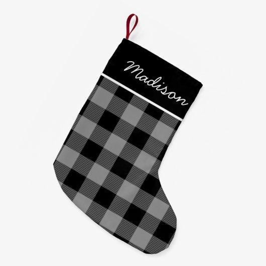Rustic Grey and Black Buffalo Check Monogram Kleine Kerstsok (Voorkant (Hangend))