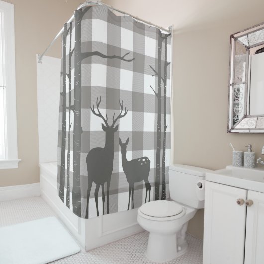 Rustic Grey Buffalo Pset Checkers Deer & Birch Douchegordijn (In situ)