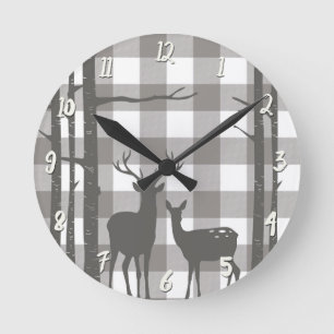Rustic Grey Buffalo Pset Checkers Deer & Birch Ronde Klok