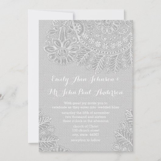 Rustic Grey Burlap Dentelle de mariage Invitations (Devant)