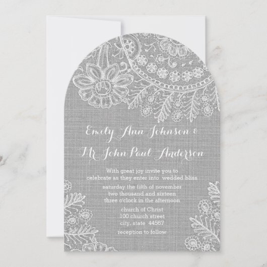 Rustic Grey Burlap Dentelle de mariage Invitations (Devant)