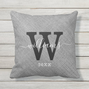 Rustic Grey Burlap Script Name Family Monogram Buitenkussen