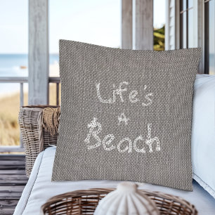 Rustic Grey Burlap Style "Het leven is een strand" Kussen