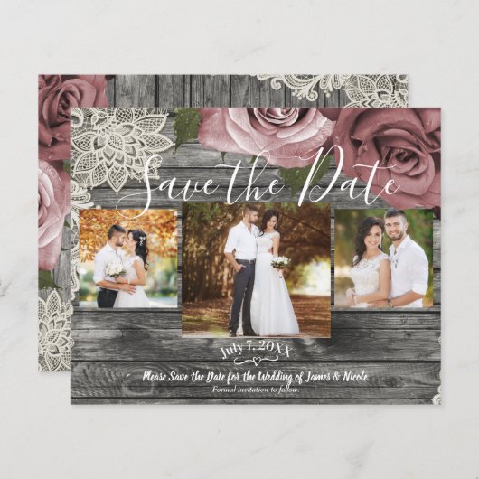 Rustic Grey Dusty Pink Roses Foto opslaan Datum (Voorkant / Achterkant)