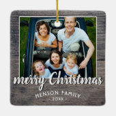Rustic Grey Wood Family Foto Merry Kerstmis Keramisch Ornament (Achterkant)