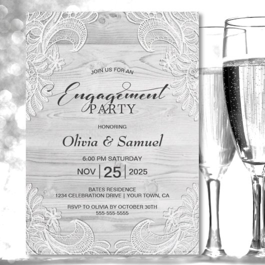 Rustic Grey Wood Lace Engagement Party Kaart