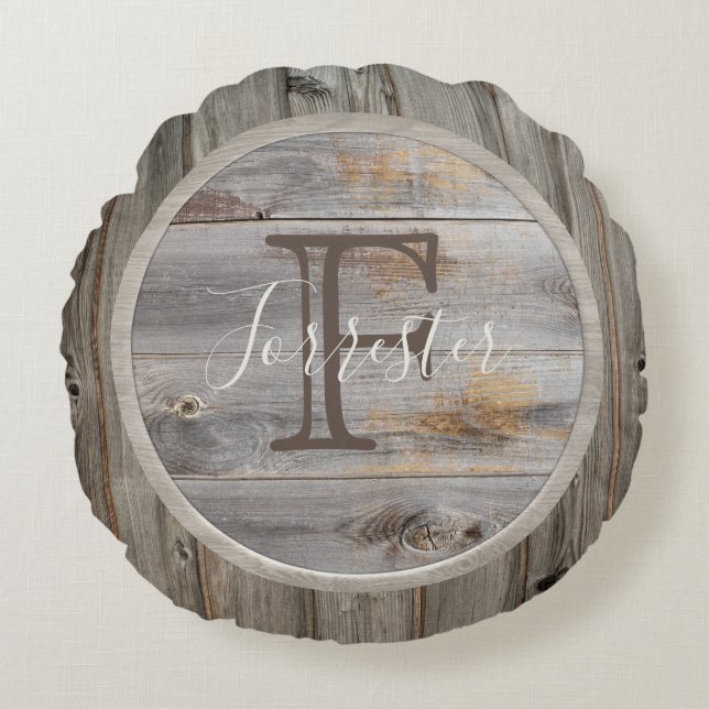 Rustic Grey Wood Tone Monogram Rond Kussen (Voorkant)