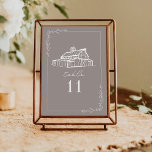 Rustic Gris Améthyste Gris Mariage Numéro de table<br><div class="desc">Illustration de la grange rustique au sommet de la frontière botanique d'art de ligne. L'Arrière - plan est de couleur gris améthyste.</div>