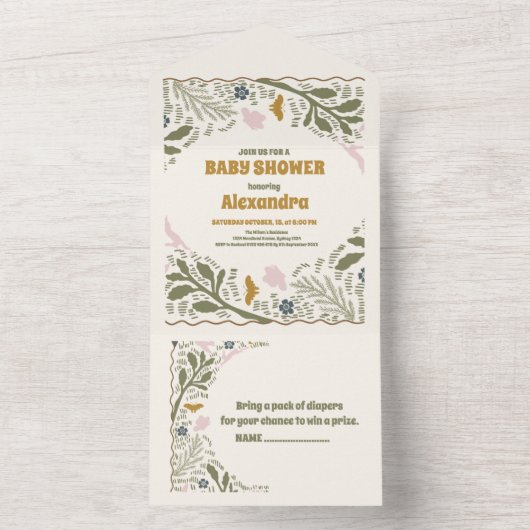 Rustic groene bosvaren baby shower all in one uitnodiging (Binnen)