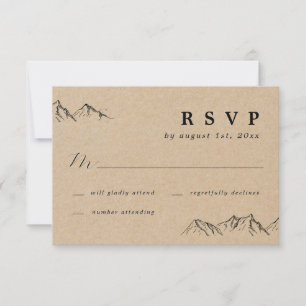 Rustic handgetrokken bergen en bomen die RSVP wedd Kaartje