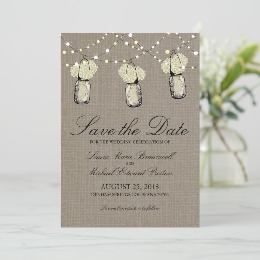 Rustic Hanging Mason Jar Hydrangea Save the Date (Staand voorkant)