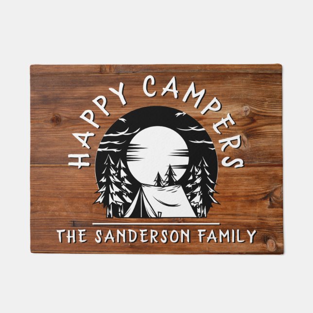 Rustic Happy Campers Familienaam Tent Pine Trees Deurmat (Voorkant)
