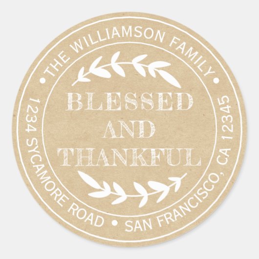 Rustic Happy Thanksgiving Retouradres Kraft  Ronde Sticker (Voorkant)