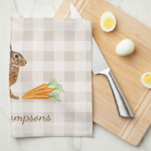 Rustic Hare And Carrots With Name Beige Gingham Theedoek (Quarter Fold)