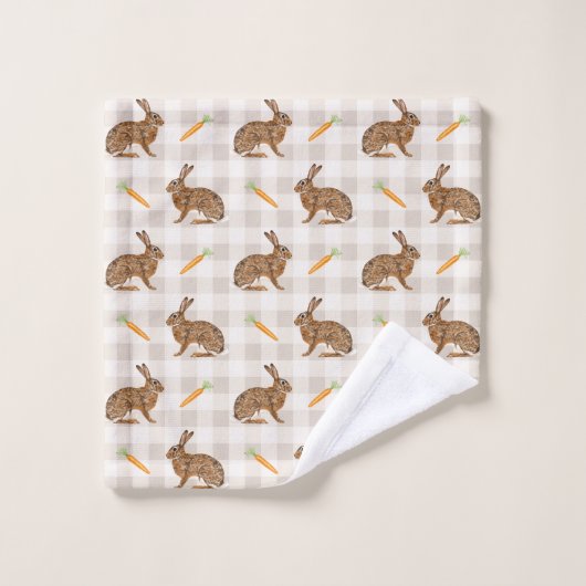 Rustic Hares And Carrots Beige Gingham Pattern (Gant de toilette)