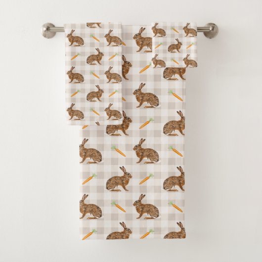 Rustic Hares And Carrots Beige Gingham Pattern Bad Handdoek (Insitu)