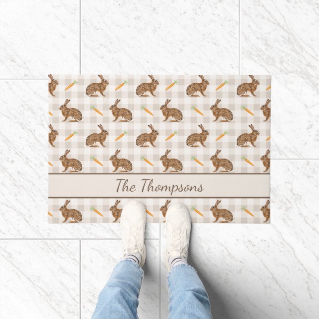 Rustic Hares And Carrots Beige Gingham Spring Deurmat (Binnen)