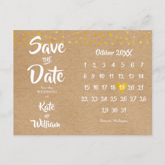 Rustic Hart Kalender Boho Bewaar de Datum Briefkaart (Voorkant)