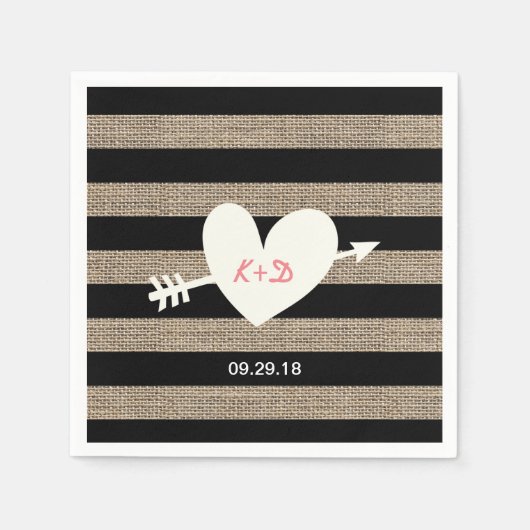 Rustic Heart & Arrow Burlap Stripes Wedding Servetten (Voorkant)