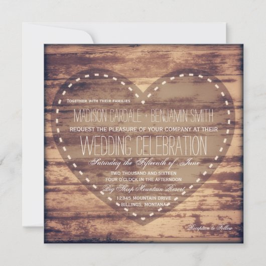 Rustic Heart Barn Wood Country Wedding Invitations Kaart (Voorkant)