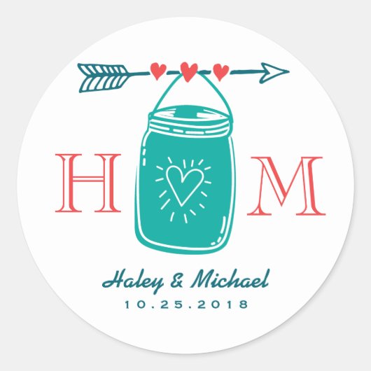 Rustic Heart Mason Jar Monogram Wedding Sticker (Voorkant)