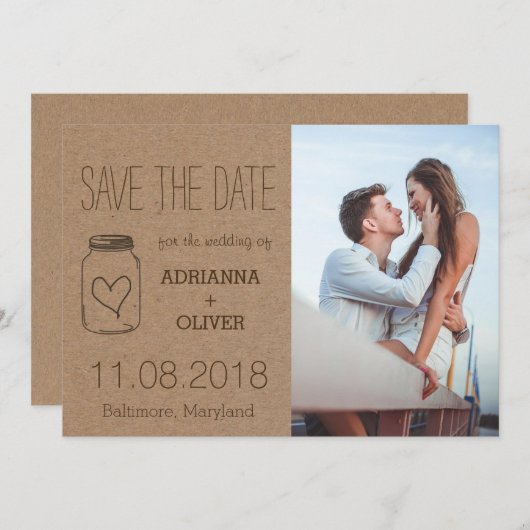 Rustic Heart MasonJar Save The Date Paar Foto 3 (Voorkant / Achterkant)