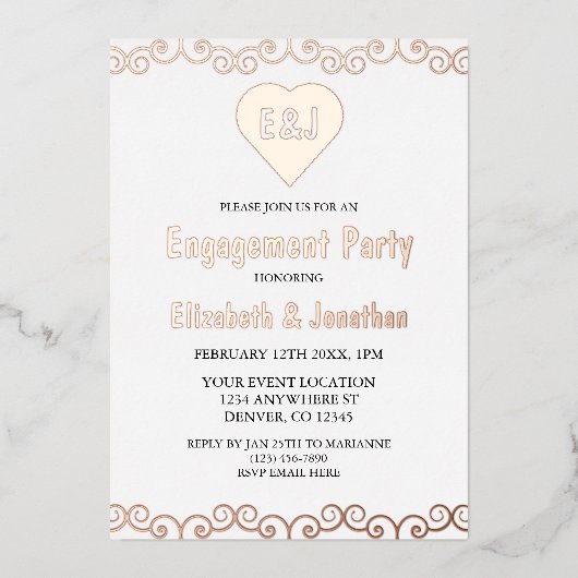 Rustic Heart Monogram Engagement Party Folie Uitnodiging (Voorkant)