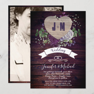 Rustic Heart PHOTO Wedding nodigt Paars hout uit Kaart
