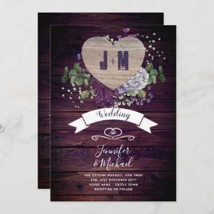 Rustic Heart Purple Flowers Wedding Kaart
