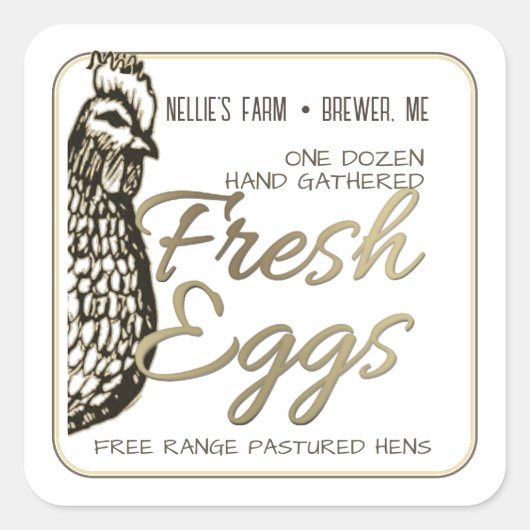 Rustic Hen Gold Text Fresh Egg Sticker voor dozen (Voorkant)
