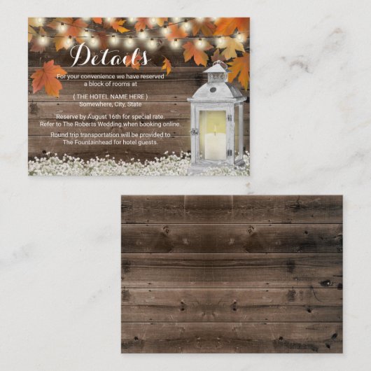 Rustic Herfst Hotel Accommodations Lantern Informatiekaartje (Voorkant / Achterkant)