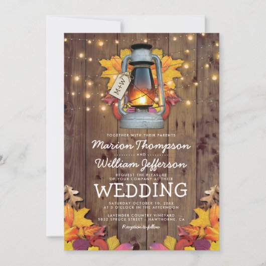 Rustic Herfst String Lights Autumn Leaves Wedding Kaart (Voorkant)
